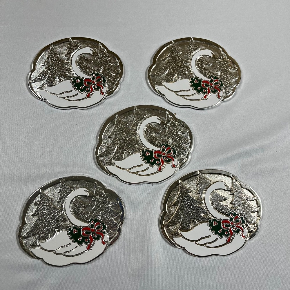 Vintage Oneida Wm A Rogers Holiday Swan Silver Plated Coasters Set of 5 1987